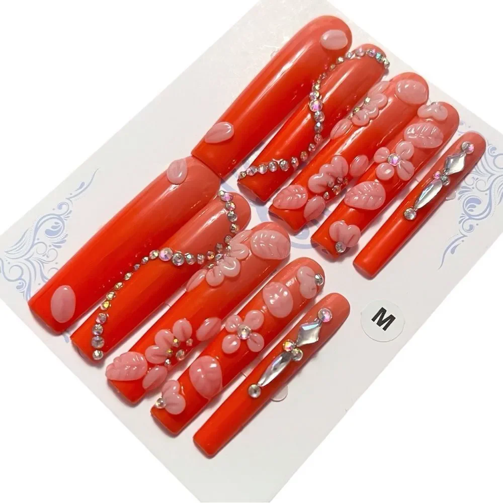 Stylish Handmade Coral Rhinestone 3D Flowers Extra Long Press-On Nails Size M